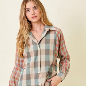 MYSTREE Mixed Plaid Button Down Shirt Neutral Blue & Rust Long Sleeve Casual Top